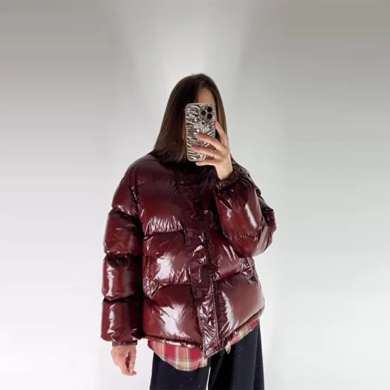 Chic Glossy Women's Thicken Cotton Coats Hooded Solid Loose Zippers Warm Lady Coat 2025 Winter Casual Female Street Jackets