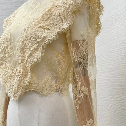 2025 New Fashion Beige Lace Patchwork Long Sleeve Blouse Tops Lady