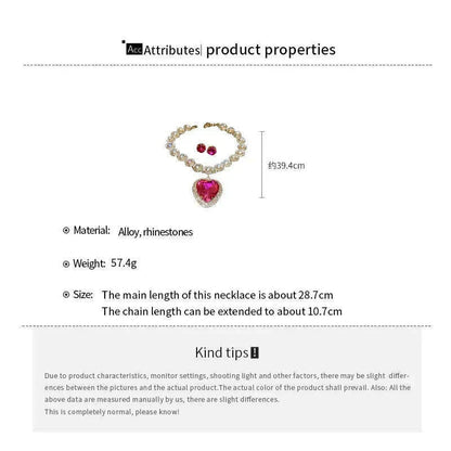 2 Pcs Rhinestone Heart Pendant Necklace Set Exaggerated Geometric Earring Light Luxury Temperament Fashion Women's Jewelry Sets