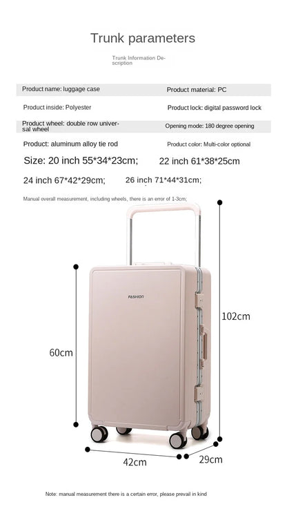 Travel Suitcase Aluminium Frame Wide Trolley Luggage Female Large Capacity Mute Universal Wheel Password Box Carry on...