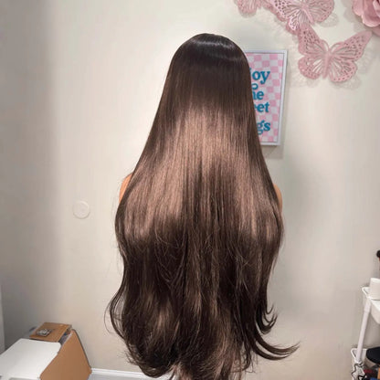 Chestnut Brown Wig Long Curly Wavy Synthetic Hair Wig Free Part Natural Wave 13X4 Lace Front Wigs for Women Daily Party Cosplay