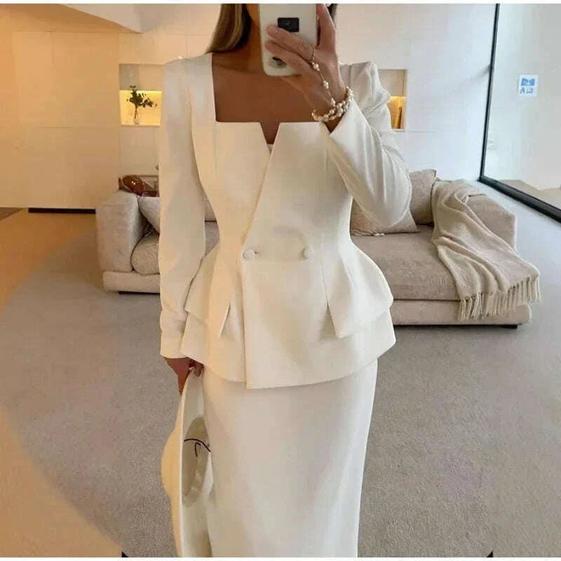 Elegant BlazerCoat Skirt Set Women Double Breasted Square Collar Slim Jacket And Midi Skirts Suits 2 Pieces Office Chic Outfits