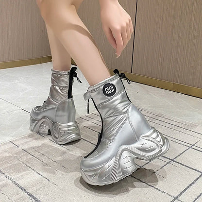 10CM Winter Women's Fur Snow Boots Keep Warm Chunky Short Boots Outdoor Plush Mid-calf Shoes Platform Anti-skid Leather Sneakers