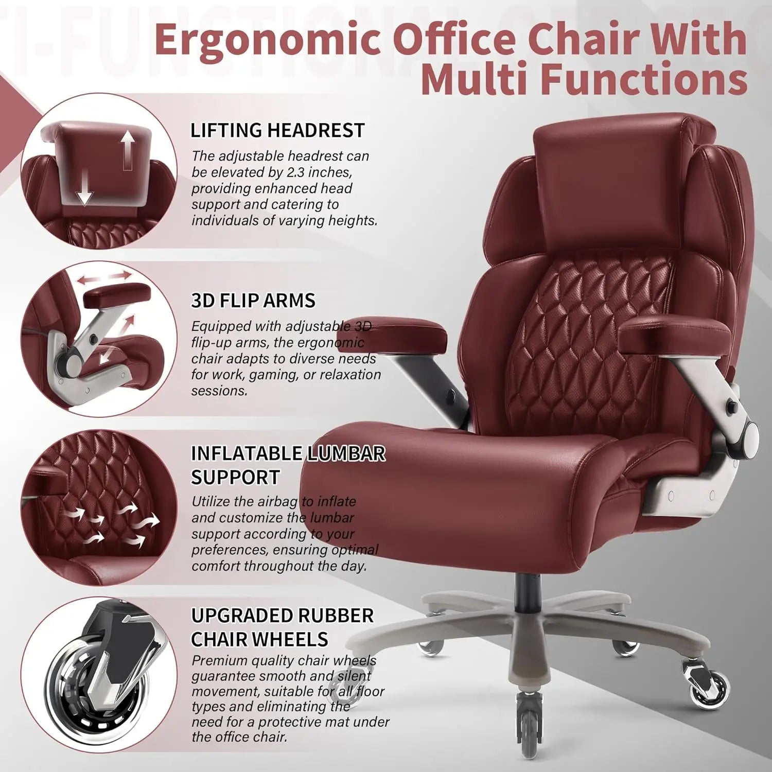 Big and Tall Office Chair 700lbs - Adjustable Headrest&Lumbar Support, 3D Flip Arms, Large Wheels &Heavy Duty Metal Base