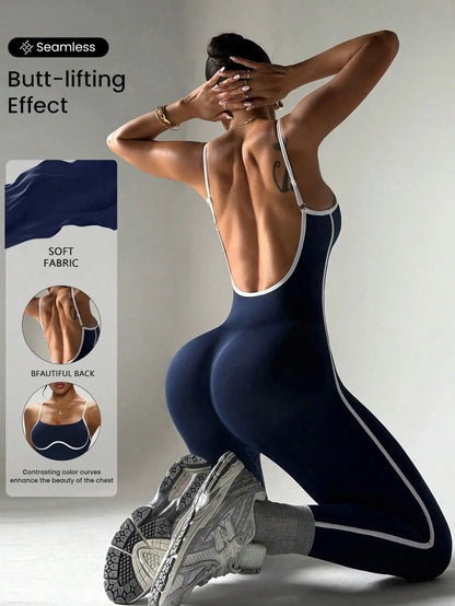Color blocking camisole jumpsuit, shock-absorbing yoga suit, hollowed out waist, sexy jumpsuit, quick drying sports jumpsuit, ti