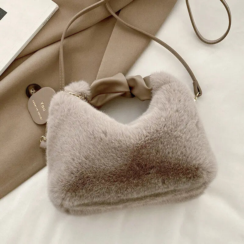 Cute Faux Fur Plush Handbags Ruched Handle Small Lady Shoulder Crossbody Bag Casual Tote Half-Moon Hobos Winter Bags for Women