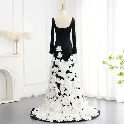 Sharon Said Luxury Dubai Black Velvet Strapless Evening Dress with Gloves 3D Flowers Women Wedding Party Gowns SS248 Customized