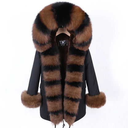MAOMAOKONG 2024 Winter Women Coat Natural Fox Fur Collar Cuff Black Jackets Outwear Thick Luxury Real Fur Parka Women's Fur Coat