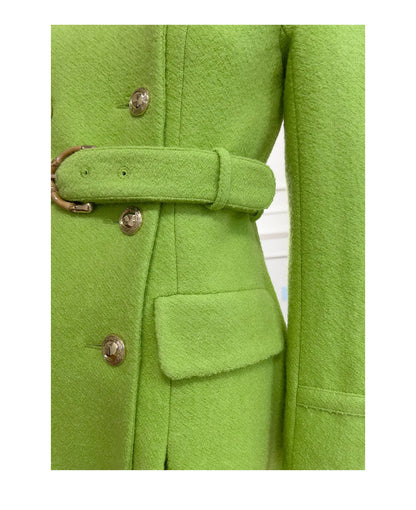 IEQJ Fashion Autumn Winter Green Woolen Coat Women Turn Down Collar Long Sleeves Double Breasted Sashes Slim Blends Coats New