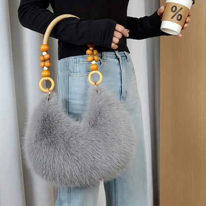 Women's Faux Handbag, Plush Faux Tote Purse with Bead Accented Strap, Zipper Closure Elegant Handbags Shoulder Bags for Everyday