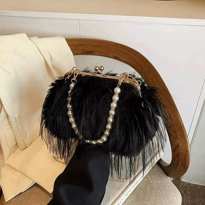 French Square Evening Banquet Bag Handle Pearls Plush Handbag Large Capacity Lock Buckle Shoulder Crossbody Bag Wedding