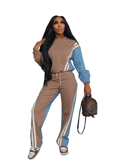 Sweatsuits for Woman 2025 Fall Sports Fashion Color Block Stripe Full Sleeve Sweatshirt and Drawstring Long Pants 2...