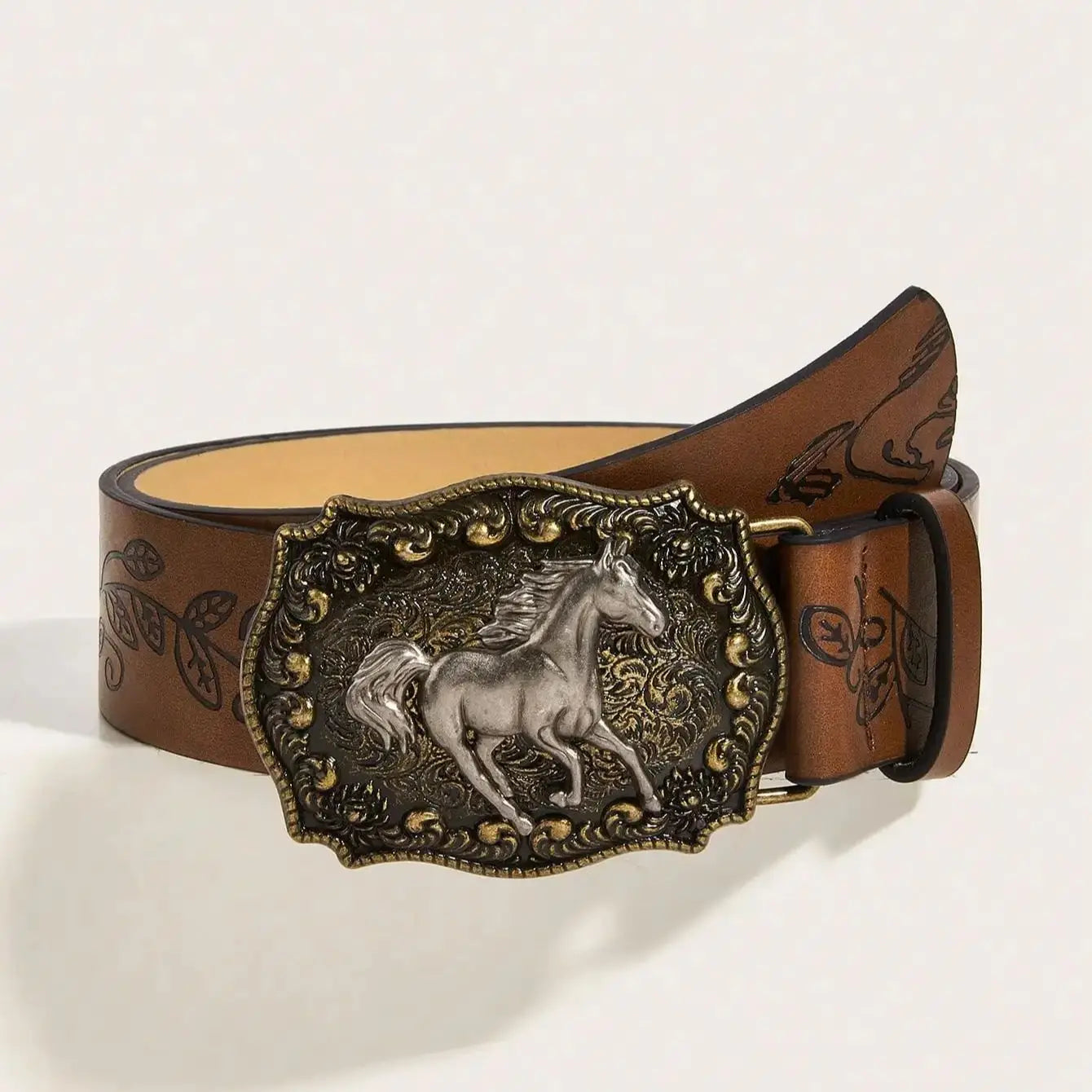 Neutral horse head buckle peony pattern PU belt fashionable