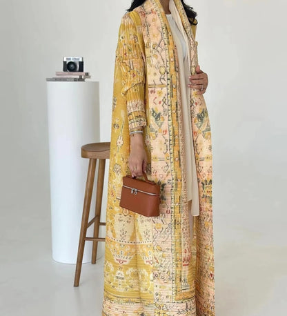 Miyake Fold 2025 Spring New Big Lapel Lace-up Cardigan Long Coat Abaya National Style Printed Long Cape Coat