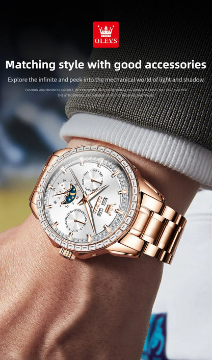 OLEVS 6695 Watch For Men Original Moon Phase Automatic Mechanical Man Watch 30M Waterproof Luminous Week Date Display...