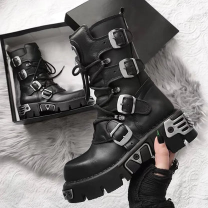 Men's Fashion Genuine Leather Motorcycle Boots Goth Skull Punk Boots New Unisex Mid-calf Cowboy Boots Metallic Combat...