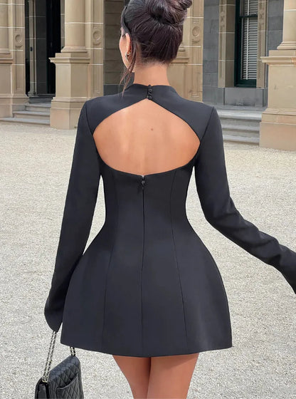 Women High Waist A-line Party Birthday Club Dresses Spring Autumn Black White Dress Luxury Long Sleeves Backless Sexy Mini Dress - Kimlud