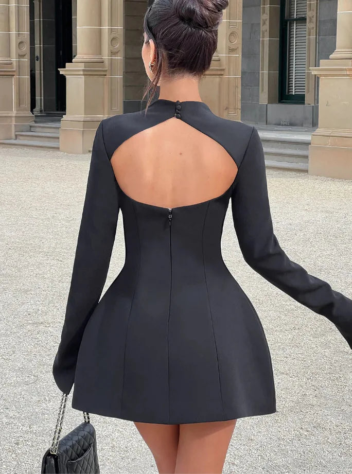 Women High Waist A-line Party Birthday Club Dresses Spring Autumn Black White Dress Luxury Long Sleeves Backless Sexy Mini Dress - Kimlud