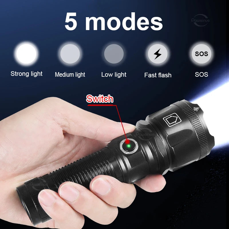 Newest 10000LM Ultra Powerful Rechargeable Flashlight 8000W Torch High Power LED Flashlights 3500M Long Range Tactical Lantern