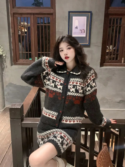Knitted Suit Women 2025 Fashion Vintage Sping Autumn Cardigan Sweater Coat Short Skirt Ladies Two Piece Set Outfits