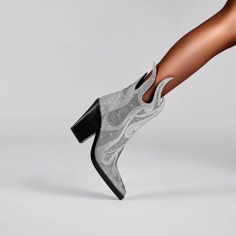 Women's new spring and autumn pointed fashion show rhinestone high heels, plus size zipper calf fashion boots