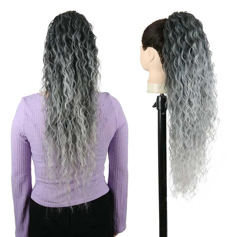 Julianna Synthetic Kanekalon Black Drawstring Water Wave Ponytail Extension Female Curly Wavy Clip In Ponytail Hair Extension