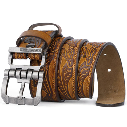 BISON DENIM Cowhide Retro Printed Men Belt Genuine Split Leather Alloy Pin Buckle Belt Casual Western Cowboy Style Belt For Men