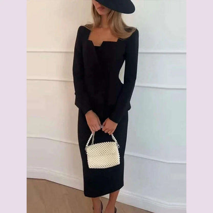 Elegant BlazerCoat Skirt Set Women Double Breasted Square Collar Slim Jacket And Midi Skirts Suits 2 Pieces Office Chic Outfits