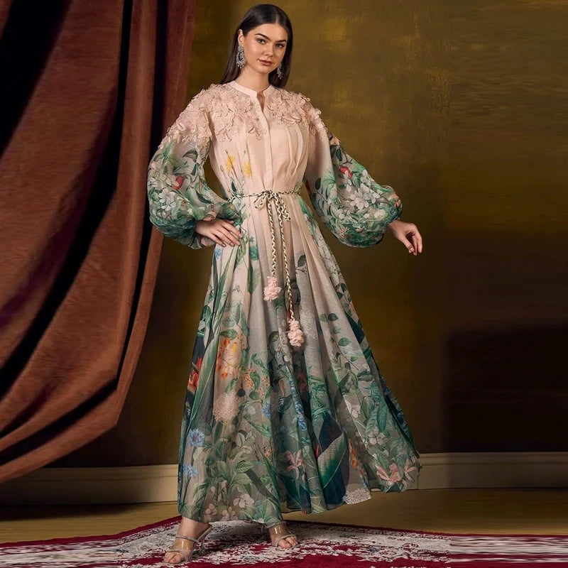 Heavy Embellied Floral Print Maxi Dr Court Sle Lantern Sve Midi Waist Spring Autumn Ladies Holiday Dr