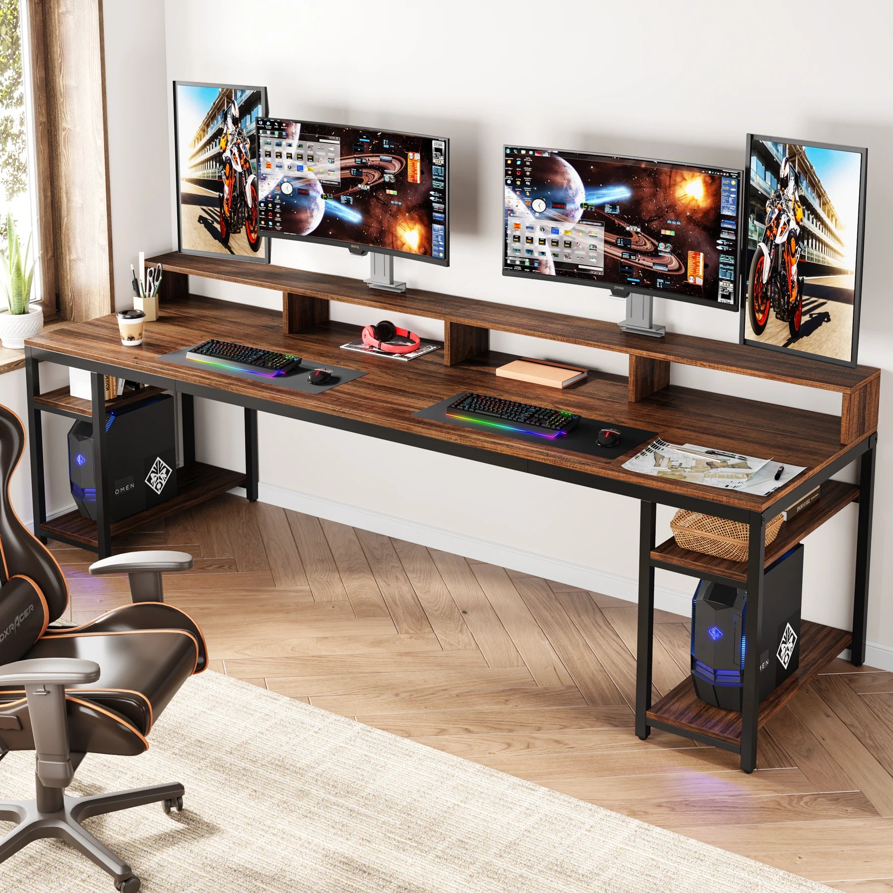 Tribesigns 78.74 Inches Extra Long Two-Person Desk, Double Computer Desk with Monitor Stand and Storage Shelves, Work Table