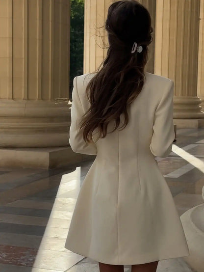 White Single Breasted A-line Mini Dress Women Elegant Solid Color Waist Pleated Short Dresses Daily Chic Evening Dinner Gowns