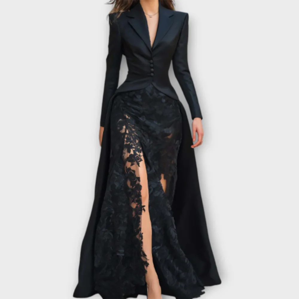 Classic V-Neck Suit Full Sleeve Button Lace Mermaid Formal Evening Dresses Birthday Party Prom Gowns Customized