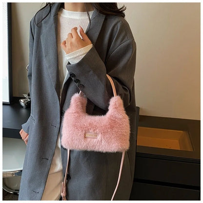 Luxury Faux Fur Ladies Shoulder Bag Soft Fluffy Female Crossbody Bag Solid Color Large Capacity Plush Tote Bag