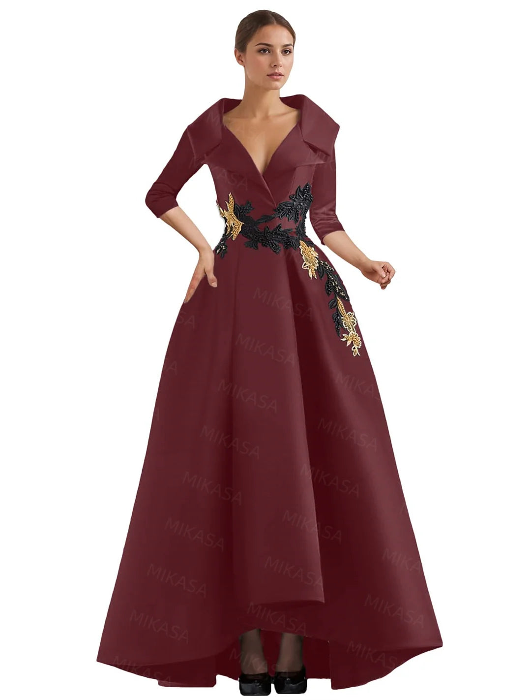 Elegant Vintage Evening Dresses Women V-neck Three Quarter Sleeves A-line Party Gowns With Appliques & Pockets Irregular Ruffles