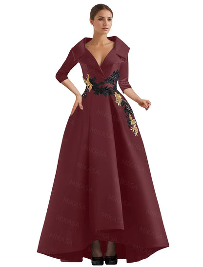 Elegant Vintage Evening Dresses Women V-neck Three Quarter Sleeves A-line Party Gowns With Appliques & Pockets Irregular Ruffles