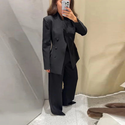 Elegant Blazer Pants Set Women Solid V-neck Long Sleeve Button Coat Wide Leg Trousers 2025 Autumn Fashion Office Lady Outfits