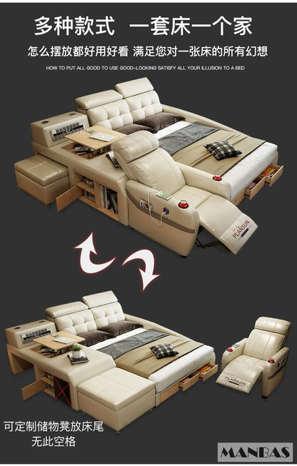 MINGDIBAO Massage Bed with Ultimate Comfort and Genuine Leather Multifunctional Frame - Bluetooth Speaker, Safe Air...