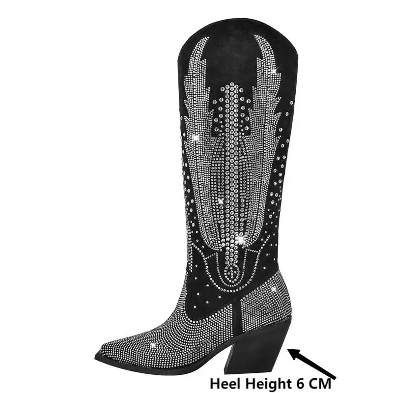 Onlymaker Women Black Knee High Rhinestone Boots Western Cowboy Boots Glitter Bling Shiny Block Heel Handmade Boots