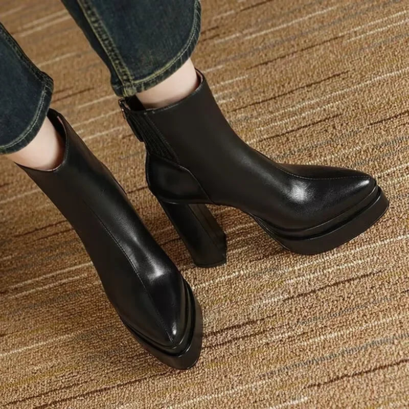 Soft Leather Chunky Heel Skinny Boots 2025 New Autumn Super High Heel Platform Women's Booties