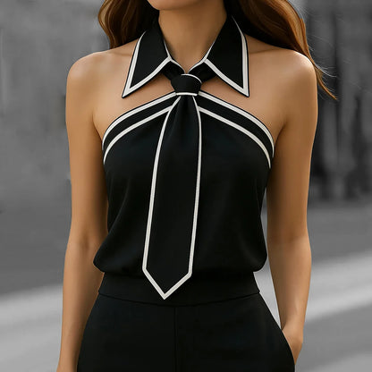 2025 Women Shirt Tie Neck Strap Necktie Lapel Design Loose Long Sleeve Blouses Blusas Mujer Moda Contrast Binding Shirt