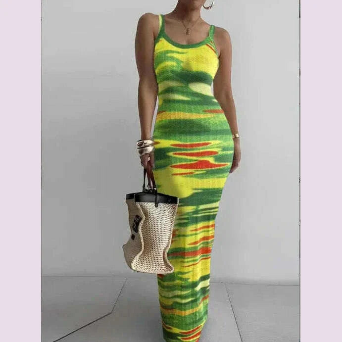 2025 Women s Sleeveless Strap O neck Sexy Belt Colorful Printed Long Skirt Evening Dress Y2k Sleeveless Solid Color Tight Fit