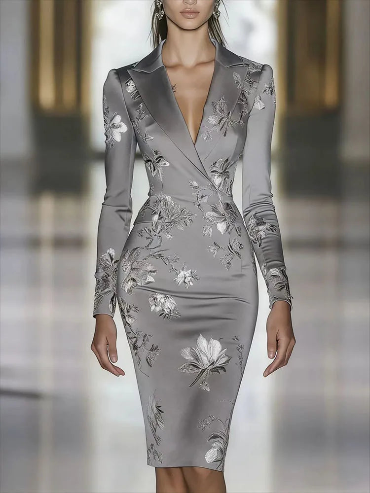 Elegant Luxury Floral Print Bodycon Midi Dress Retros V-neck Long Sleeve Fit Banquet Dress Temperament High Waist Wrap Hip Dress