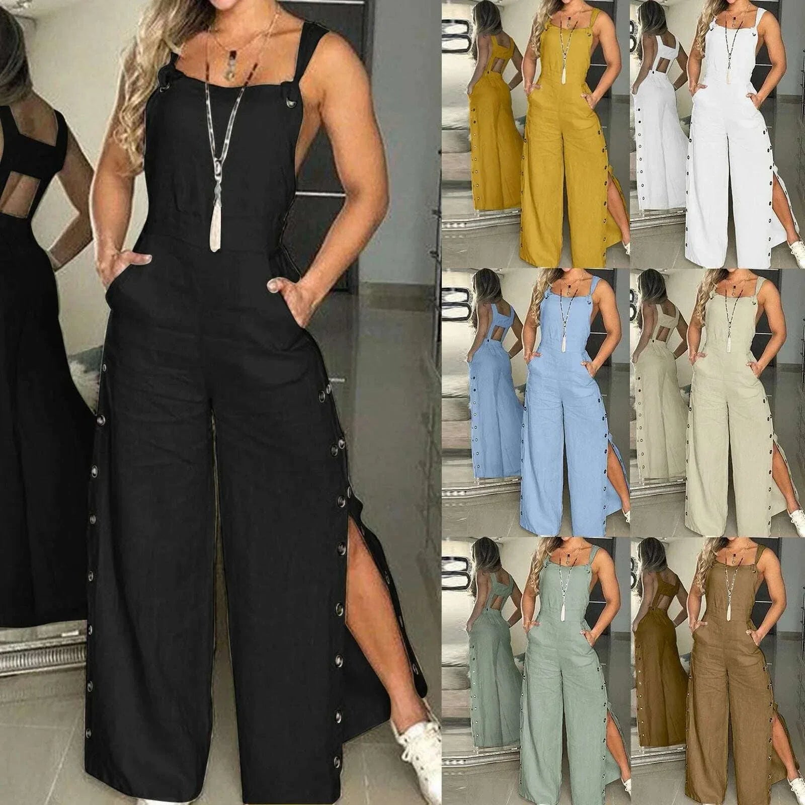 Women's Summer Sleeveless Cotton Linen Playsuits Strappy Side Button Opening Overalls Loose Long Wide Leg Pants Female Jumpsuits