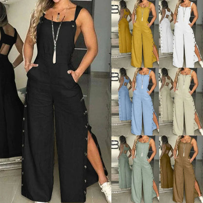 Women's Summer Sleeveless Cotton Linen Playsuits Strappy Side Button Opening Overalls Loose Long Wide Leg Pants Female Jumpsuits