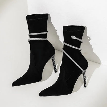 Autumn Winter Fashion Faux Suede Snake Coiled Women Boots Luxury Crystal Stiletto High heels Ankle Boots Shoes Botas Mujer