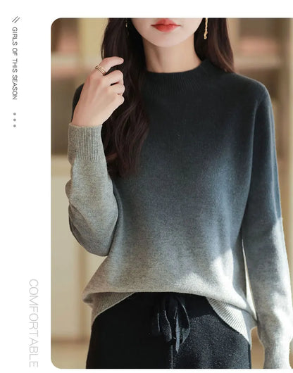 Women New Fine Wool Thickening Sweater Outwear Gradient Mock Collar Pullover Autumn Winter Bottoming Casual Warm Knitting Tops