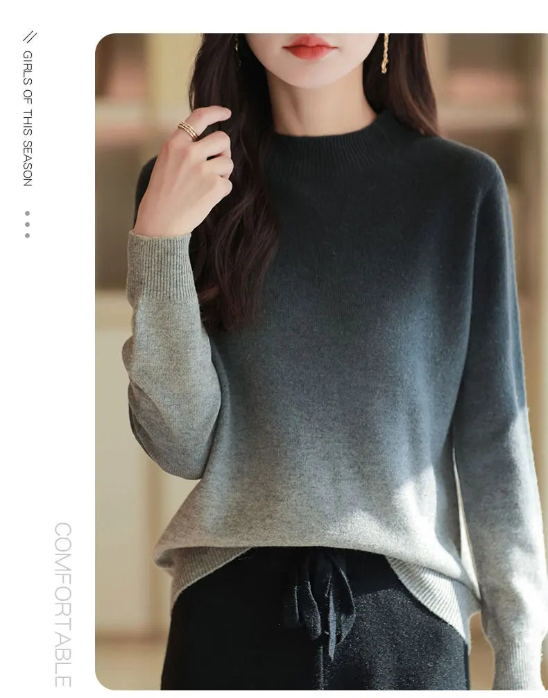Women New Fine Wool Thickening Sweater Outwear Gradient Mock Collar Pullover Autumn Winter Bottoming Casual Warm Knitting Tops