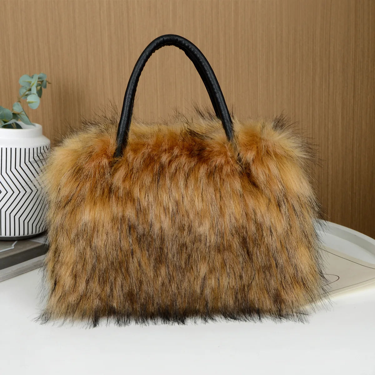 Autumn Winter Faux Fur Tote Bag For Women Rectangular Large Capacity Plush Handbags American Fashion High Street Crossbody Bags