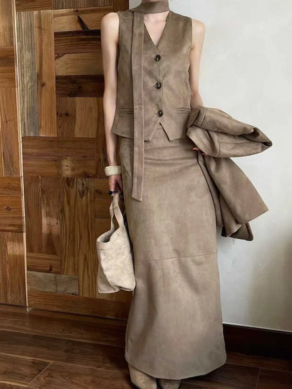 KWTX 2025 Women's 3 Pcs Suit Set Spring Fall V-Neck Blazer Single Breasted Vest Ribbon Tie Skirt Solid Color Elegant Retro