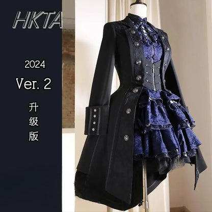 British Style Retro Dark Goth Handsome Black Trench Coat Women Girls Lolita Fake Two Vest White Coats Jacket Y2k Cosplay Clothes